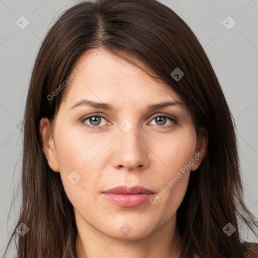 Neutral white young-adult female with long  brown hair and grey eyes