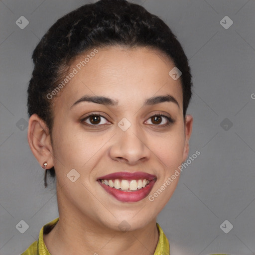 Joyful latino young-adult female with short  brown hair and brown eyes