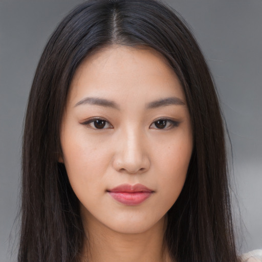 Neutral asian young-adult female with long  brown hair and brown eyes