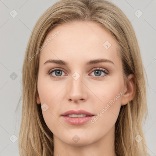 Neutral white young-adult female with long  brown hair and grey eyes