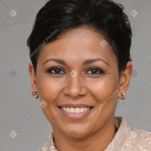 Joyful latino young-adult female with short  brown hair and brown eyes