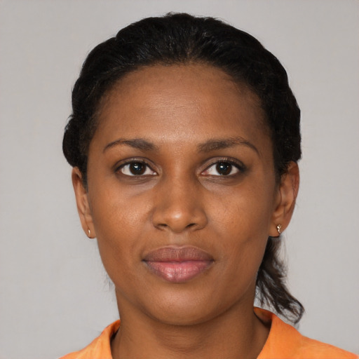 Neutral black young-adult female with short  black hair and brown eyes