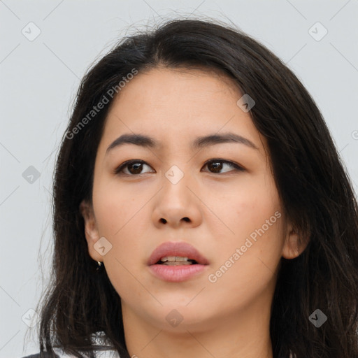 Neutral asian young-adult female with long  brown hair and brown eyes