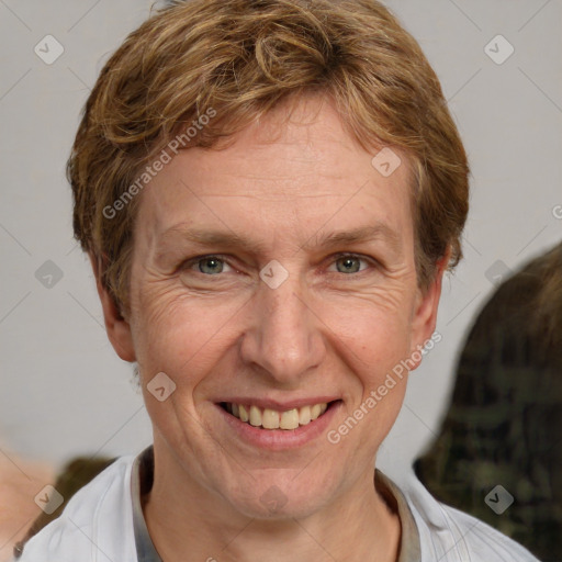 Joyful white adult female with short  brown hair and brown eyes