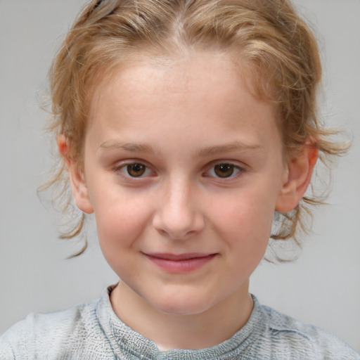 Joyful white child female with medium  brown hair and grey eyes