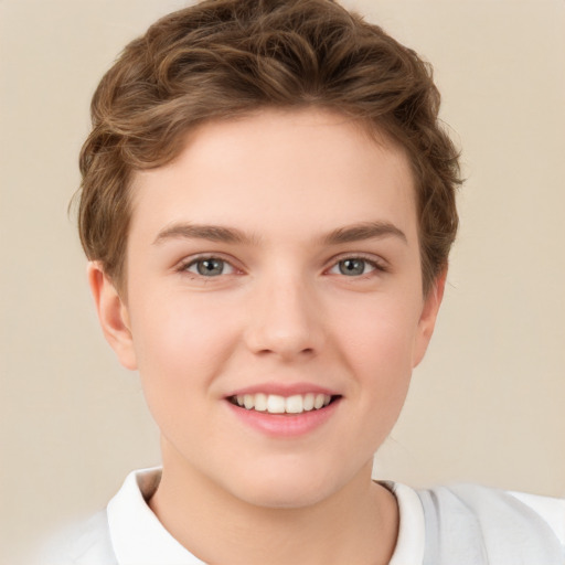 Joyful white child female with short  brown hair and brown eyes