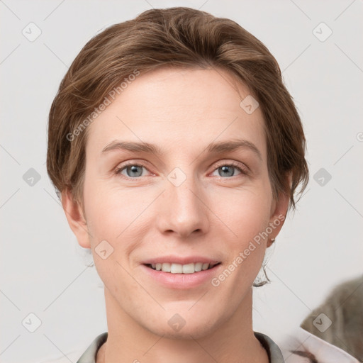 Joyful white young-adult female with short  brown hair and grey eyes