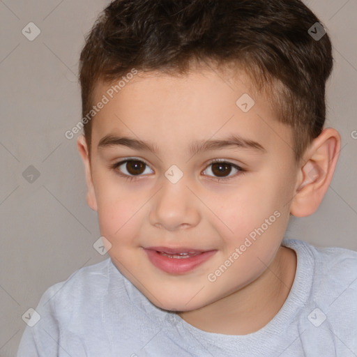 Joyful white child male with short  brown hair and brown eyes