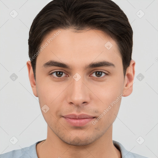 Neutral white young-adult male with short  brown hair and brown eyes