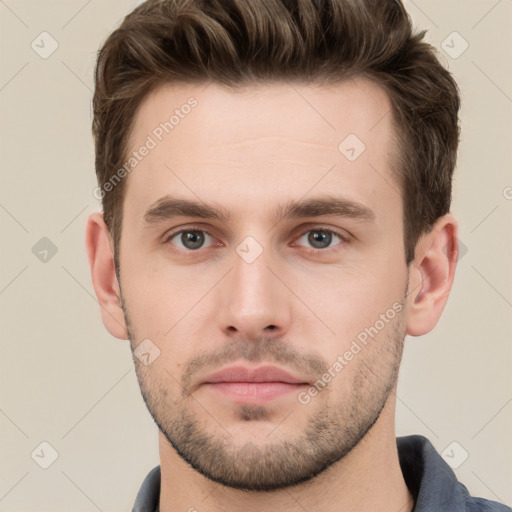 Neutral white young-adult male with short  brown hair and grey eyes