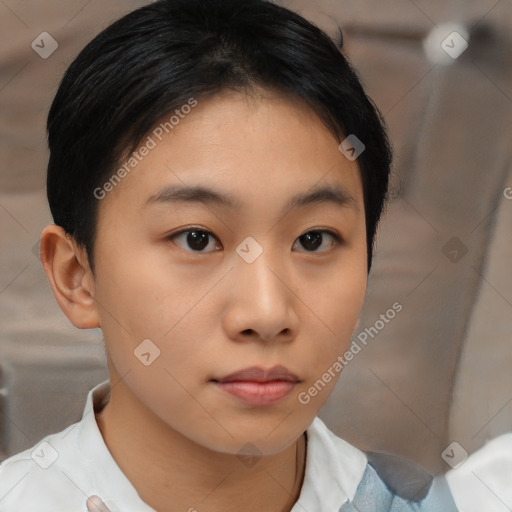 Neutral asian young-adult female with short  brown hair and brown eyes