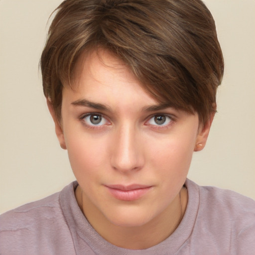 Neutral white young-adult female with short  brown hair and brown eyes