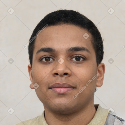 Neutral latino young-adult male with short  black hair and brown eyes