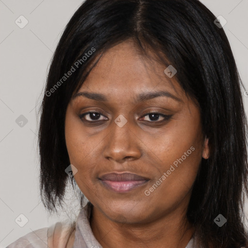 Joyful latino adult female with medium  brown hair and brown eyes