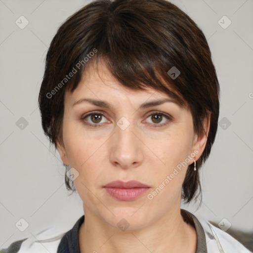 Neutral white young-adult female with medium  brown hair and brown eyes