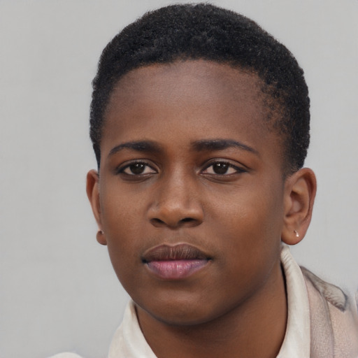 Neutral black young-adult female with short  brown hair and brown eyes