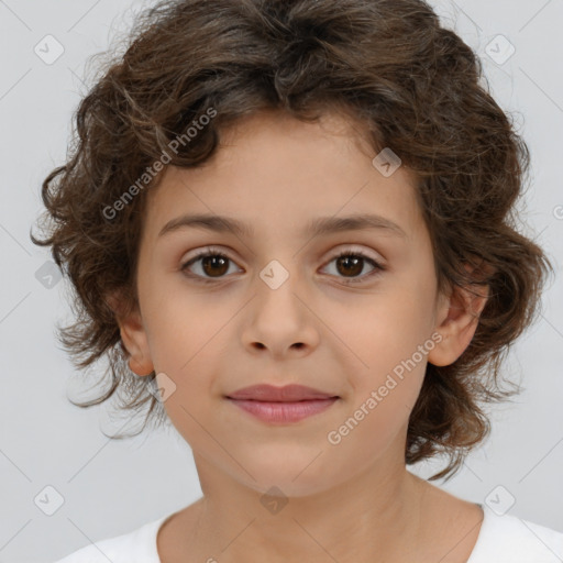 Joyful white child female with medium  brown hair and brown eyes