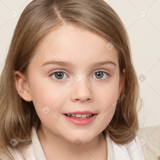 Joyful white child female with medium  brown hair and brown eyes