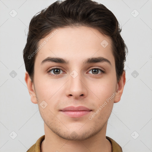 Neutral white young-adult male with short  brown hair and brown eyes