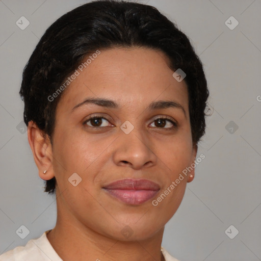 Joyful latino young-adult female with short  brown hair and brown eyes