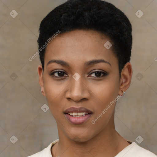 Joyful latino young-adult female with short  black hair and brown eyes