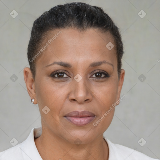 Joyful black adult female with short  brown hair and brown eyes