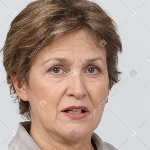 Joyful white middle-aged female with medium  brown hair and brown eyes