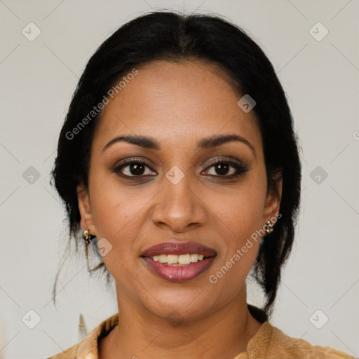 Joyful latino young-adult female with medium  brown hair and brown eyes