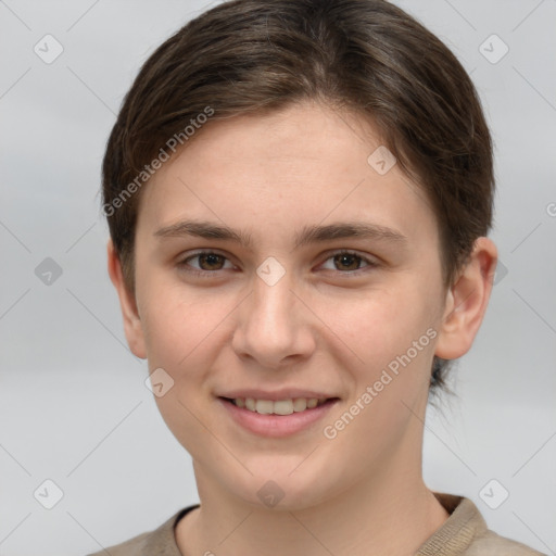 Joyful white young-adult female with short  brown hair and grey eyes