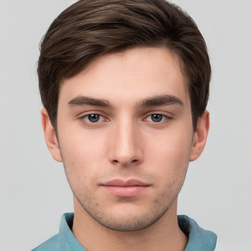 Neutral white young-adult male with short  brown hair and brown eyes