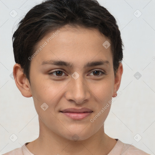 Joyful white young-adult female with short  brown hair and brown eyes