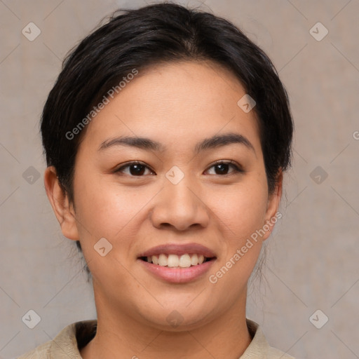 Joyful asian young-adult female with medium  brown hair and brown eyes