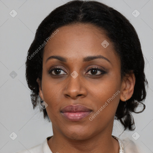 Joyful black young-adult female with medium  black hair and brown eyes