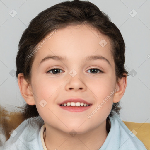 Joyful white child female with medium  brown hair and brown eyes