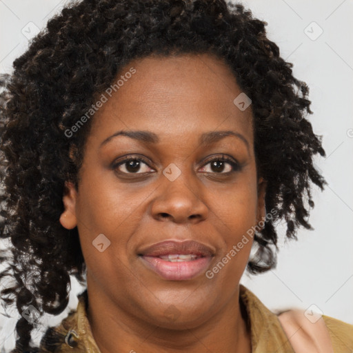 Joyful black adult female with long  brown hair and brown eyes