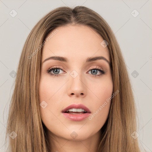 Neutral white young-adult female with long  brown hair and brown eyes