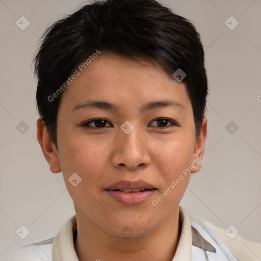 Joyful asian young-adult female with short  brown hair and brown eyes