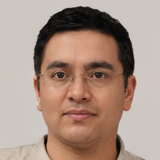 Neutral asian adult male with short  black hair and brown eyes