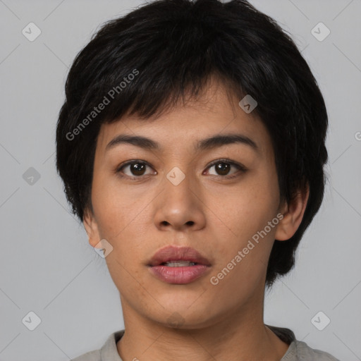 Neutral asian young-adult female with short  black hair and brown eyes