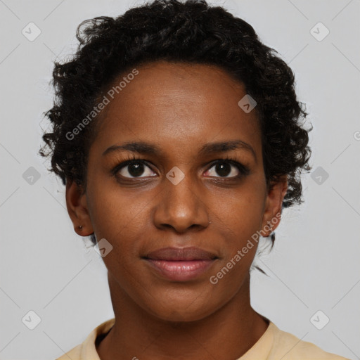 Neutral black young-adult female with short  brown hair and brown eyes