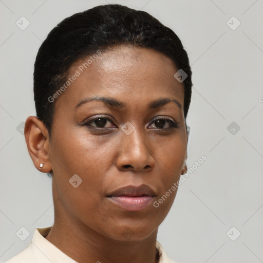 Neutral black young-adult female with short  brown hair and brown eyes