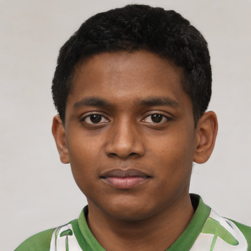 Neutral black young-adult male with short  black hair and brown eyes