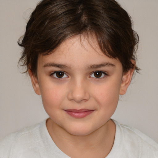 Joyful white child female with medium  brown hair and brown eyes