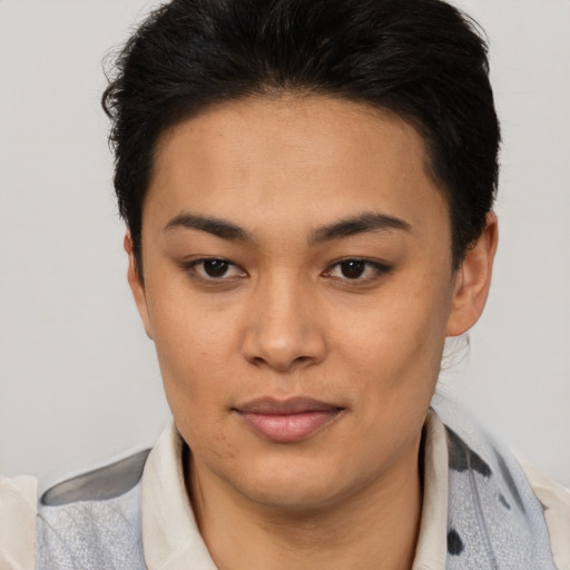 Neutral latino young-adult female with short  brown hair and brown eyes