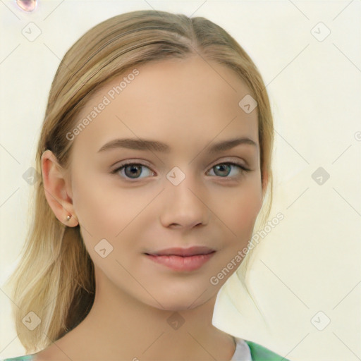 Joyful white child female with long  brown hair and brown eyes