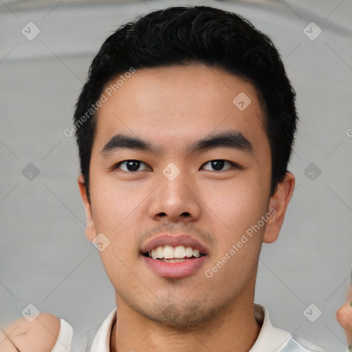 Neutral asian young-adult male with short  black hair and brown eyes