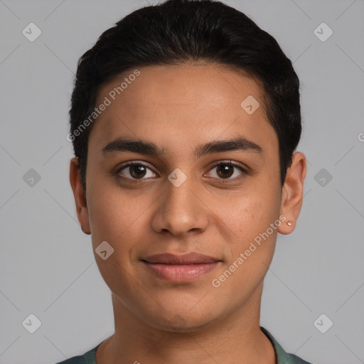 Joyful latino young-adult male with short  brown hair and brown eyes