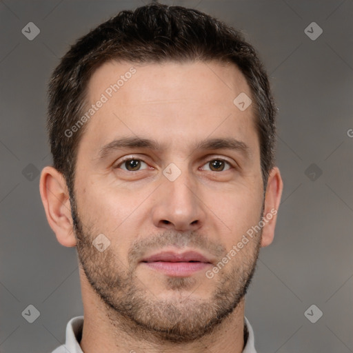 Neutral white young-adult male with short  brown hair and brown eyes