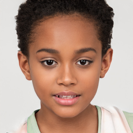 Joyful white child female with short  brown hair and brown eyes