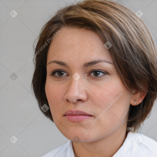 Joyful white adult female with medium  brown hair and brown eyes